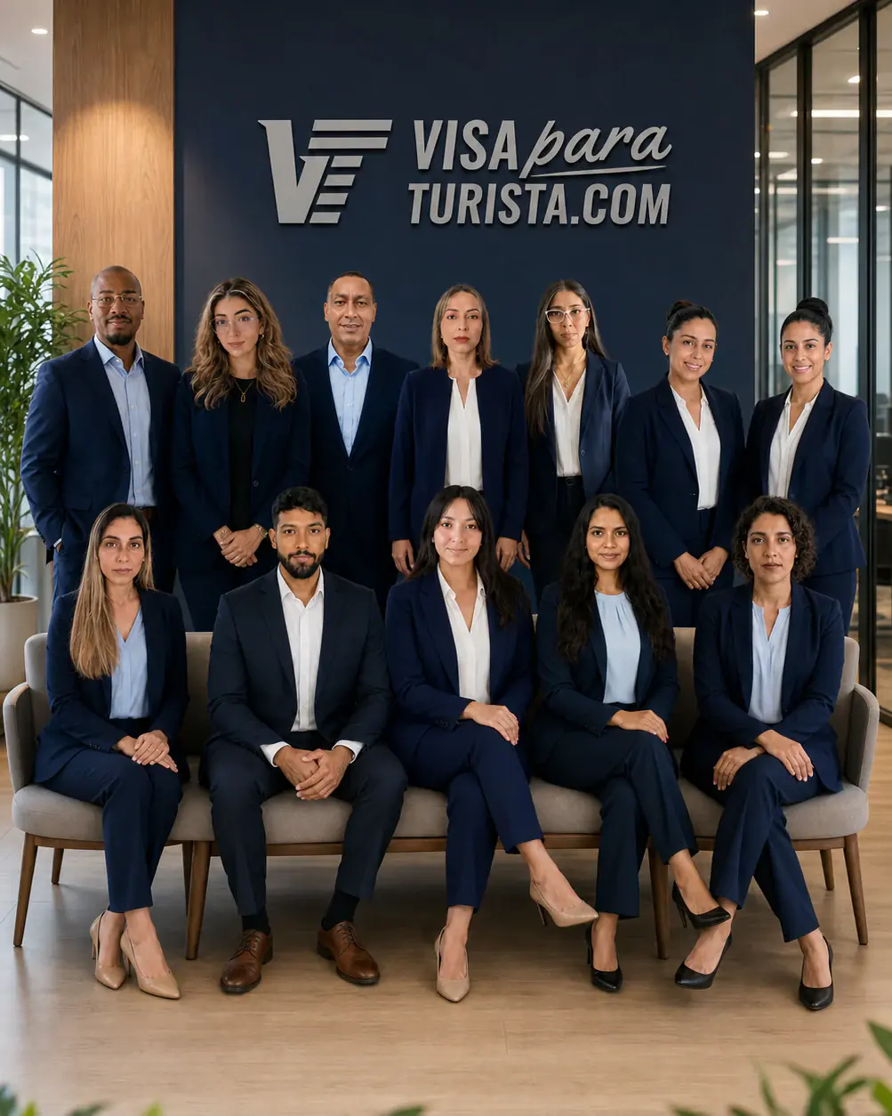 Equipo de Visa Para Turista reunido en su oficina de Medellín frente al logotipo de la empresa