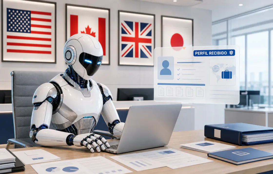 Robot de inteligencia artificial procesando un perfil de viaje frente a banderas internacionales